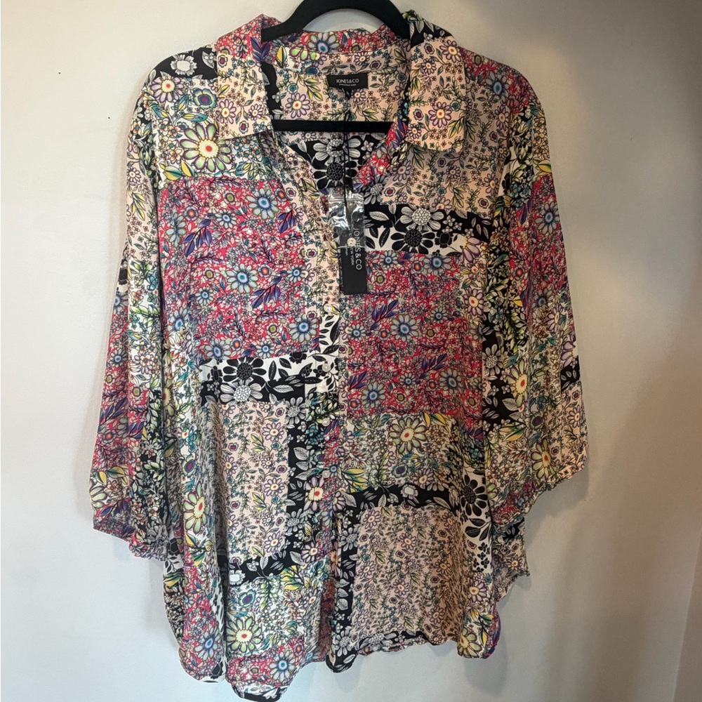 Jones New York Multicolor Floral Patchwork Button-Down Blouse